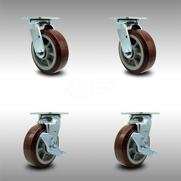 Service Caster 6 Inch Stainless Steel Polyurethane Swivel Caster Set with Roll Bearing 2 Brakes SCC-SS30S620-PPUR-2-TLB-2 - main